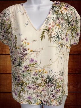 ANTONIO MELANI Blouse Cottagecore V Neck Floral Ivory Short Cap Sleeves SZ XS